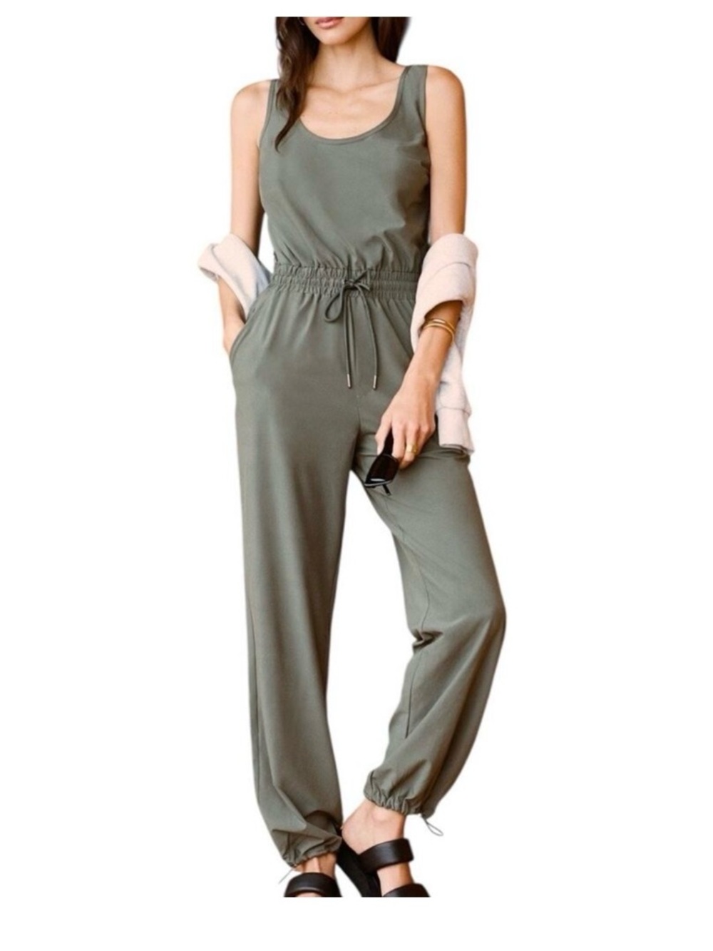Sleeveless Olive Green Drawstring Jumpsuit- traveler